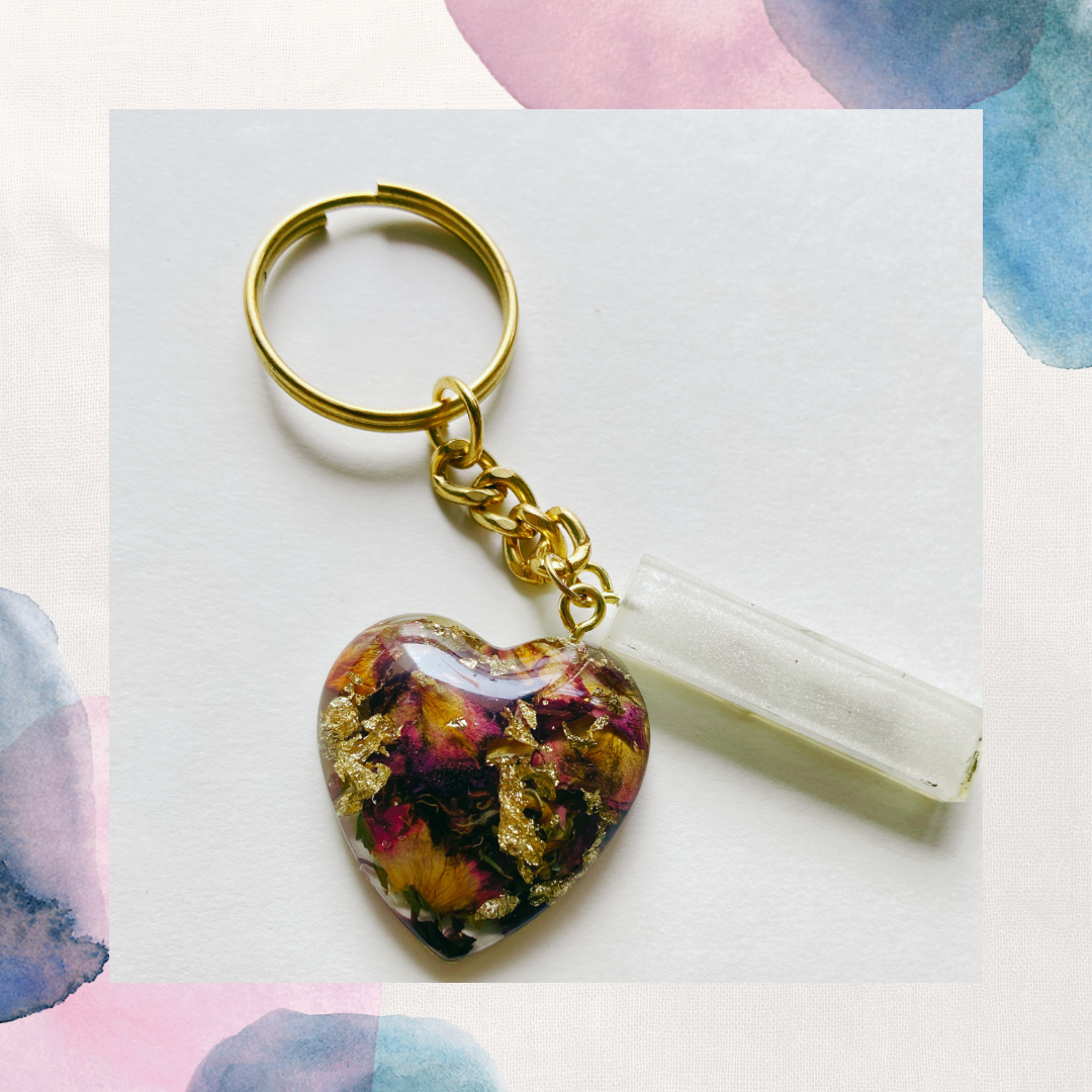 Resin Art, Keychain, Heart Shape Rose Preservation