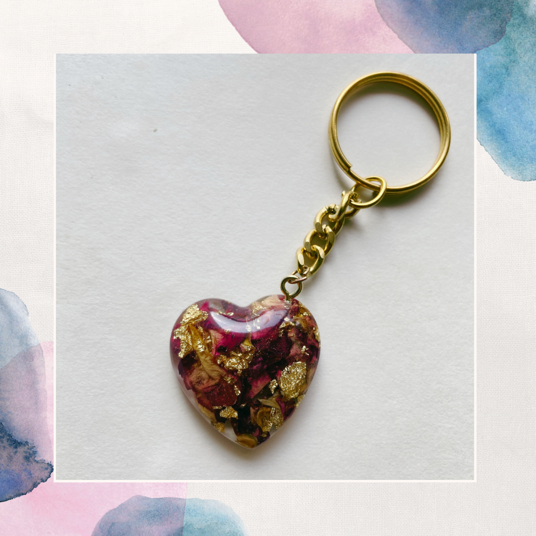 Resin Art, Keychain, Heart Shape Rose Preservation