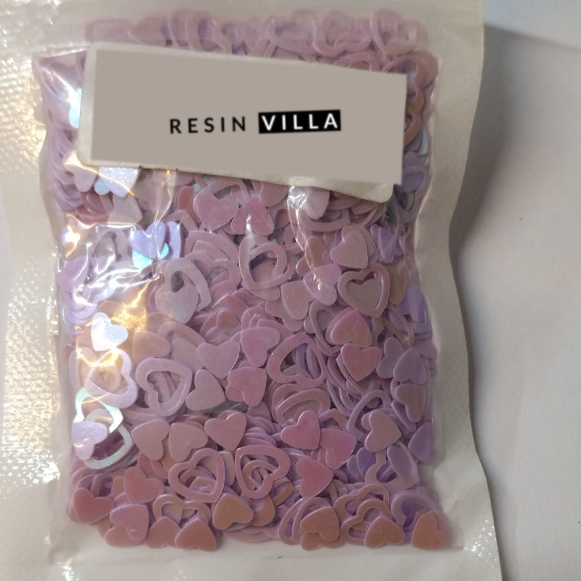 Resin Art Material, Sequin Colourful Shakers - Heart Shape in colour peach, pink, purple, cream